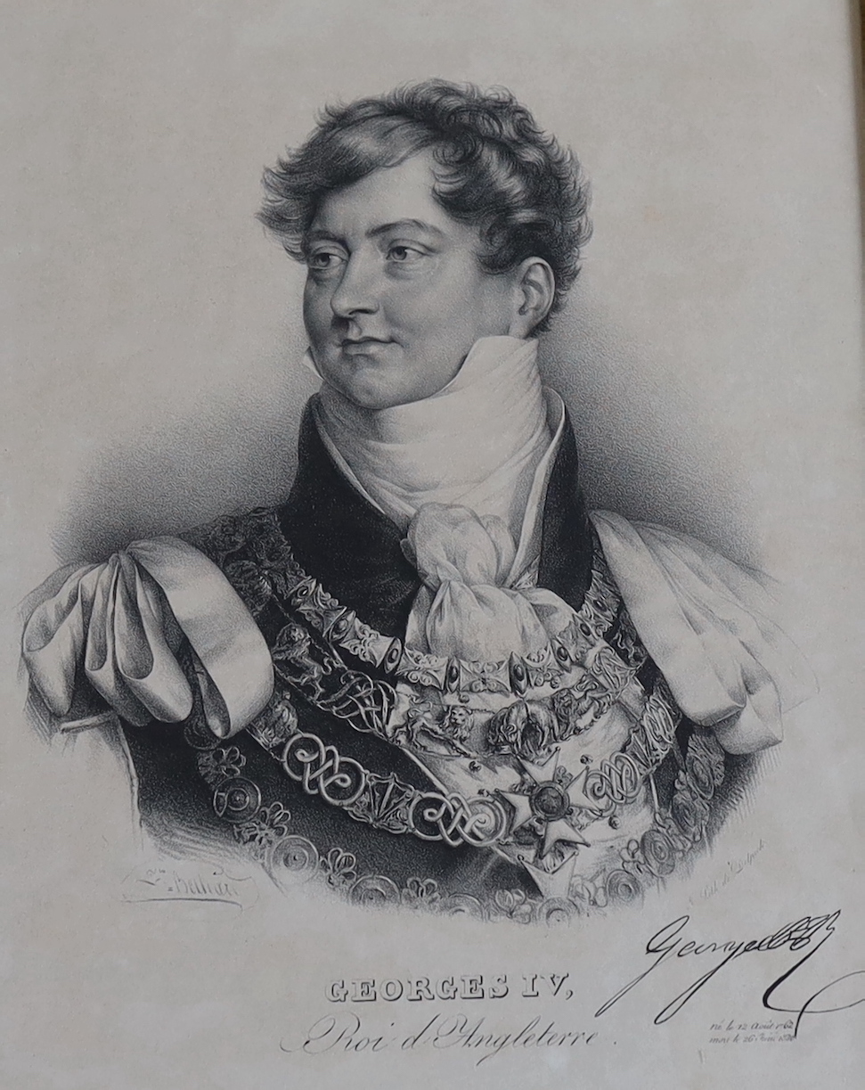 Samuel William Reynolds, mezzotint, 'The King's Most Excellent Majesty George IV', published c.1821, visible sheet 35 x 25cm, and a lithograph by Delpech after Belliari, 'George VI ROI d'Angleterre 1830', visible sheet 3